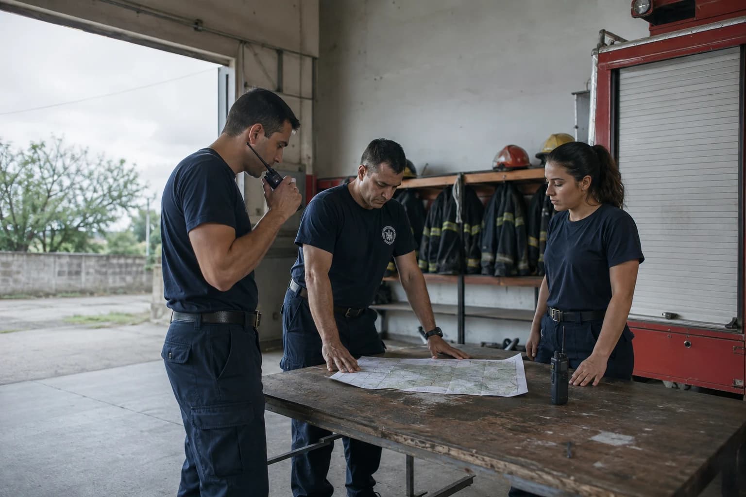 Escena ilustrativa de bomberos preparando la guardia alrededor de una mesa en el cuartel